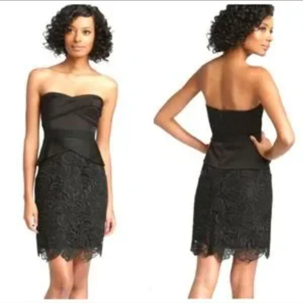 BCBG MaxAzria Black Satin & Lace Strapless Mini Dress Cocktail Party Size 2 #670